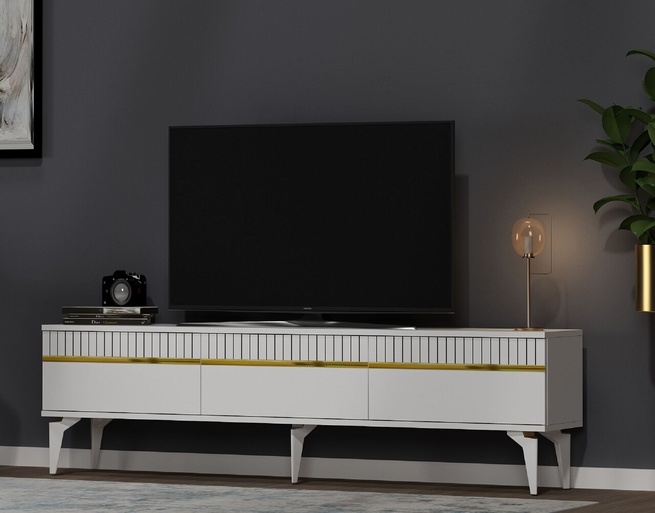 Comoda TV, Olivia, Defne, Alb/Auriu - 1 | YEO