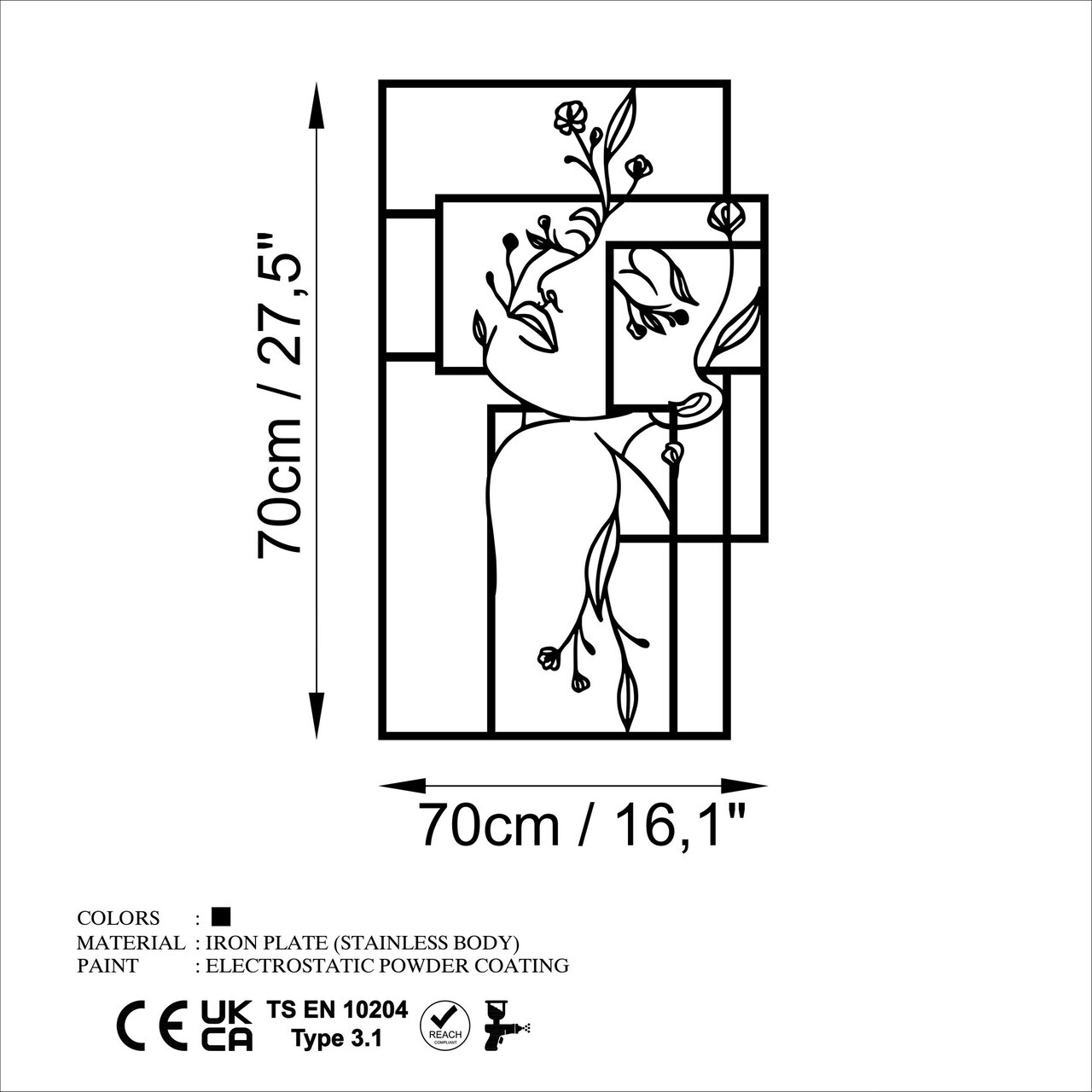 Decoratiune de perete, Flower Woman 1, Dimensiune: 70 x 70 cm, Negru — imaginea 6