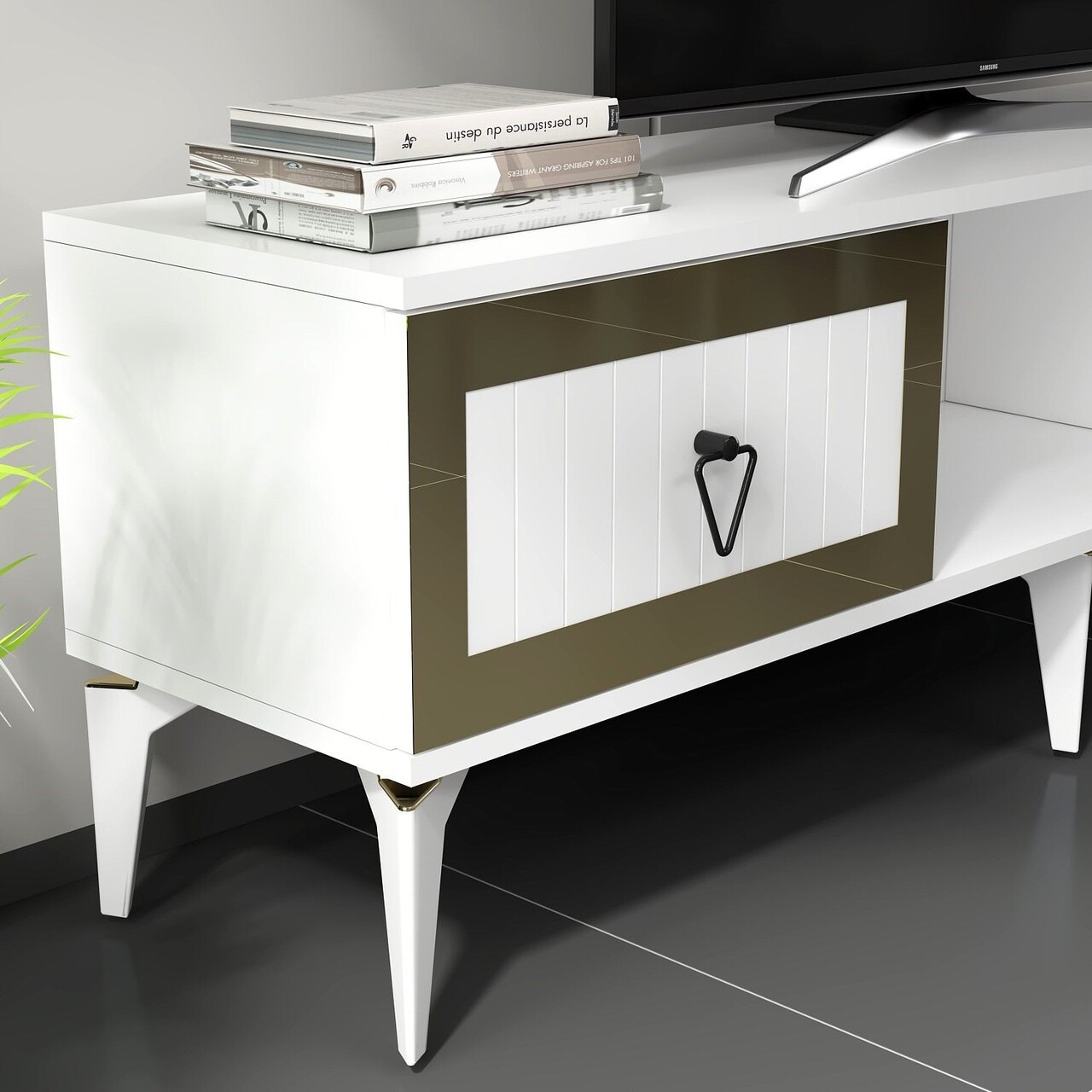Comoda TV, Olivia, Linda, Alb/Auriu - 3 | YEO