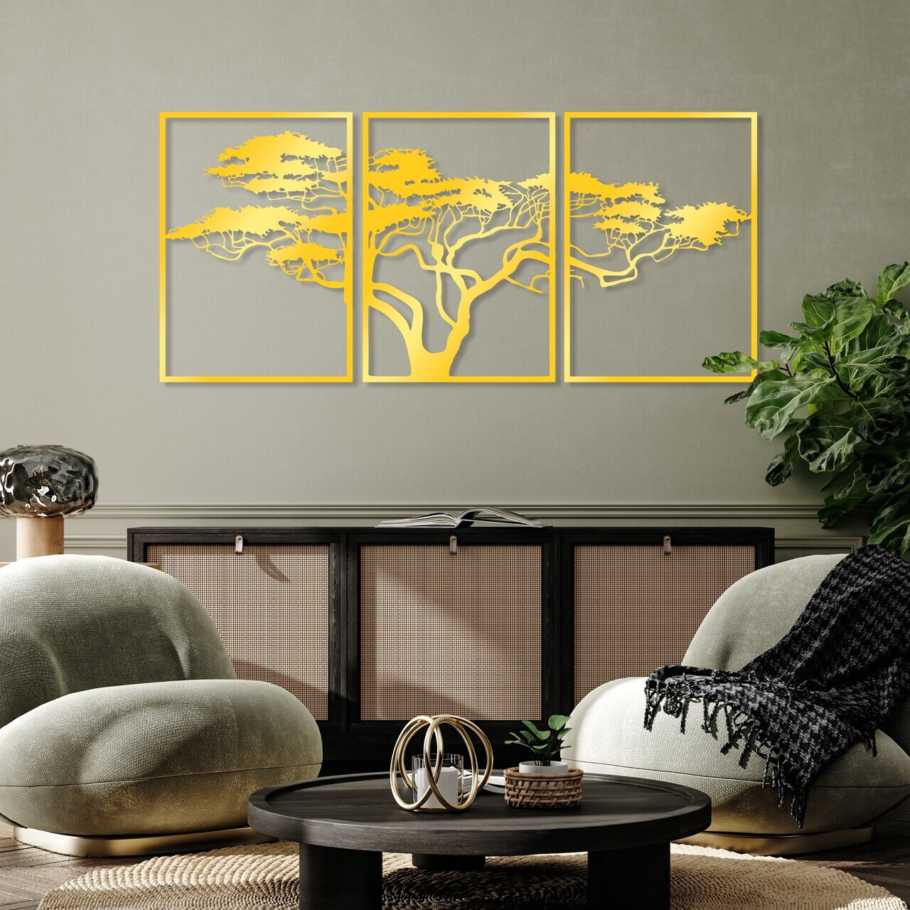 Decoratiune de perete, Golden Triple Tree 6, Dimensiune: 51 x 73 cm (3 bucăți), Auriu — imaginea 3