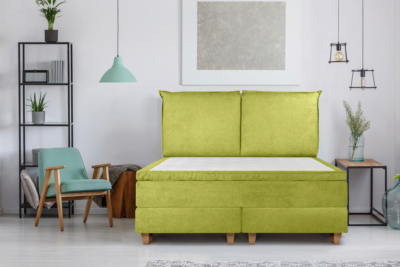 Pat matrimonial, Stockholm, Pillows E, 180x200 cm, saltea tip Pocket, topper memory, Verde