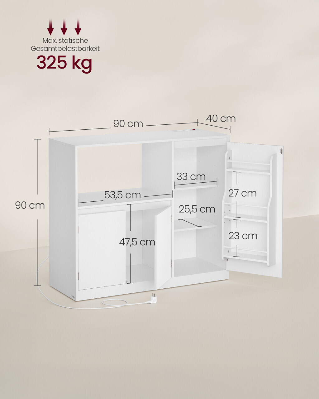 Dulap bucatarie cu suport microunde si prize integrate, Vasagle, 90x40x90 cm, PAL, alb - imagine 5