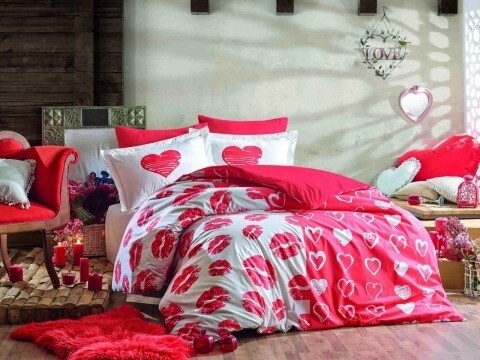 Lenjerie de pat dubla Love Me Red, Hobby, 4 piese, 240 x 260 cm, 100% bumbac ranforce, alb/rosu