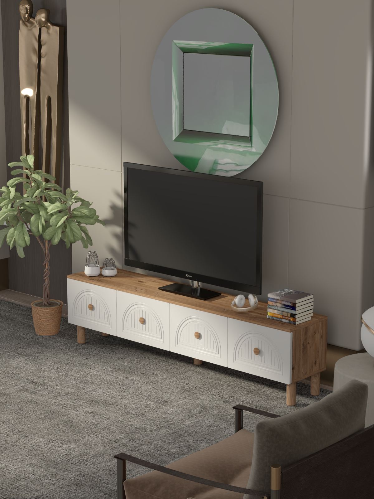 Comoda TV, Hanah Home, Arcera, 180x47x35 cm, PAL, Pin Atlantic / Alb