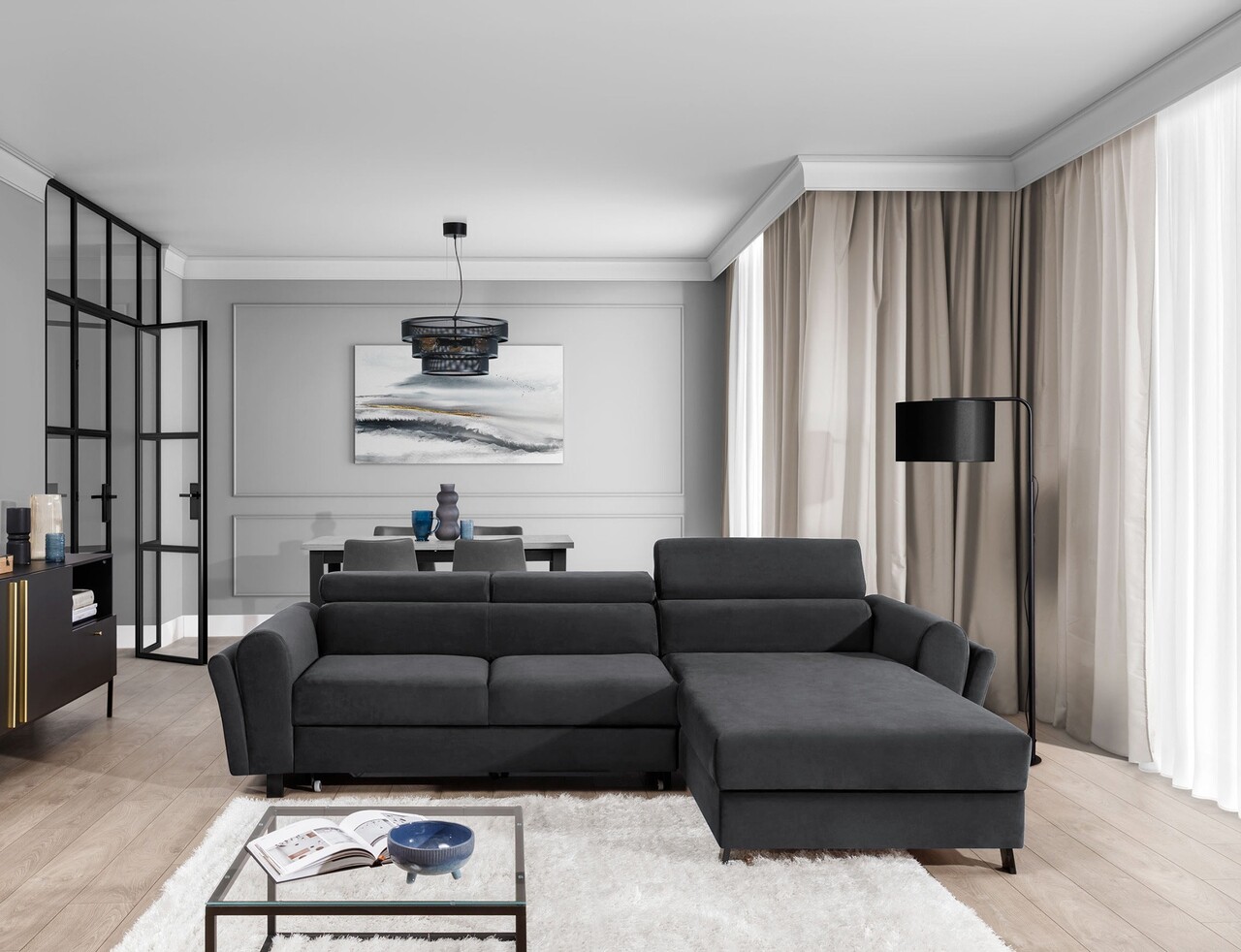 Coltar extensibil dreapta 4 locuri ELTAP, Mari-32, Mariall, 288x200x92 cm, lemn/poliester, gri inchis
