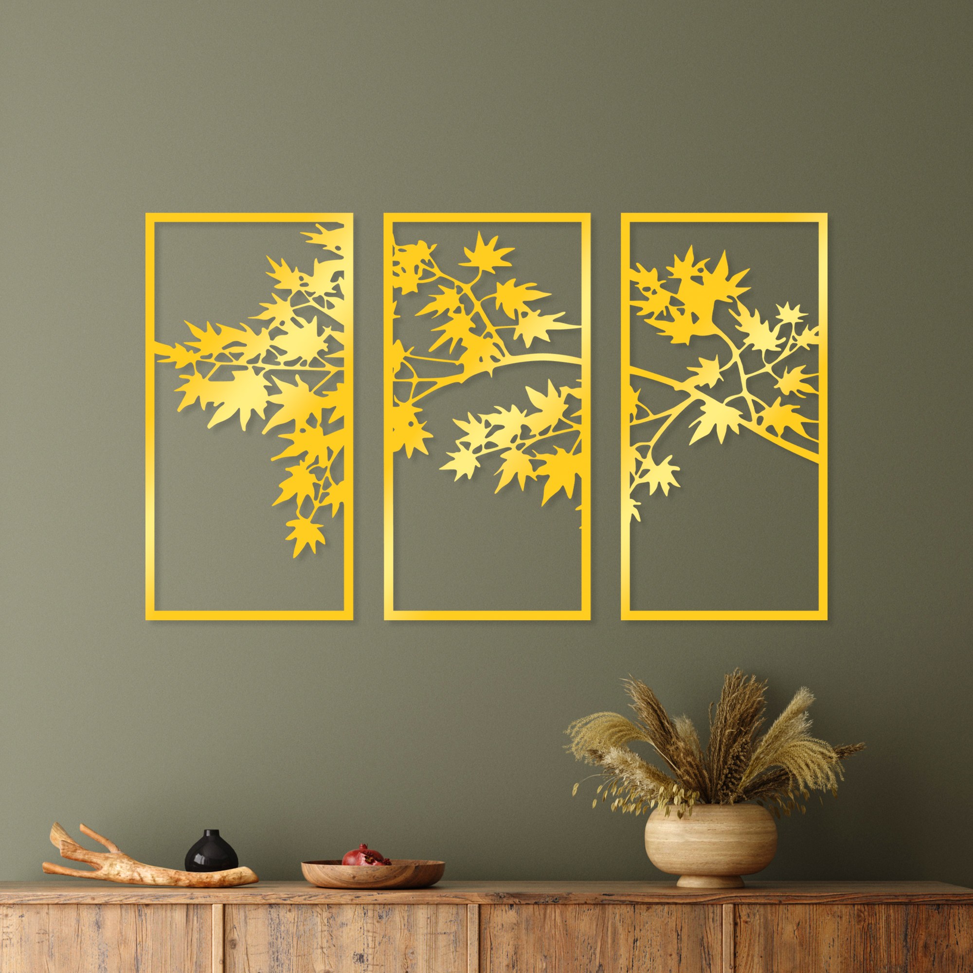 Decoratiune de perete, Golden Triple Tree 3, 34 x 67 cm, 3 piese, Auriu