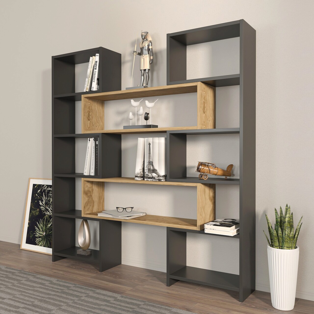 Corp biblioteca, Zena Home, Poyraz, 163.5x150x22 cm, PAL, Negru / Stejar - 1 | YEO
