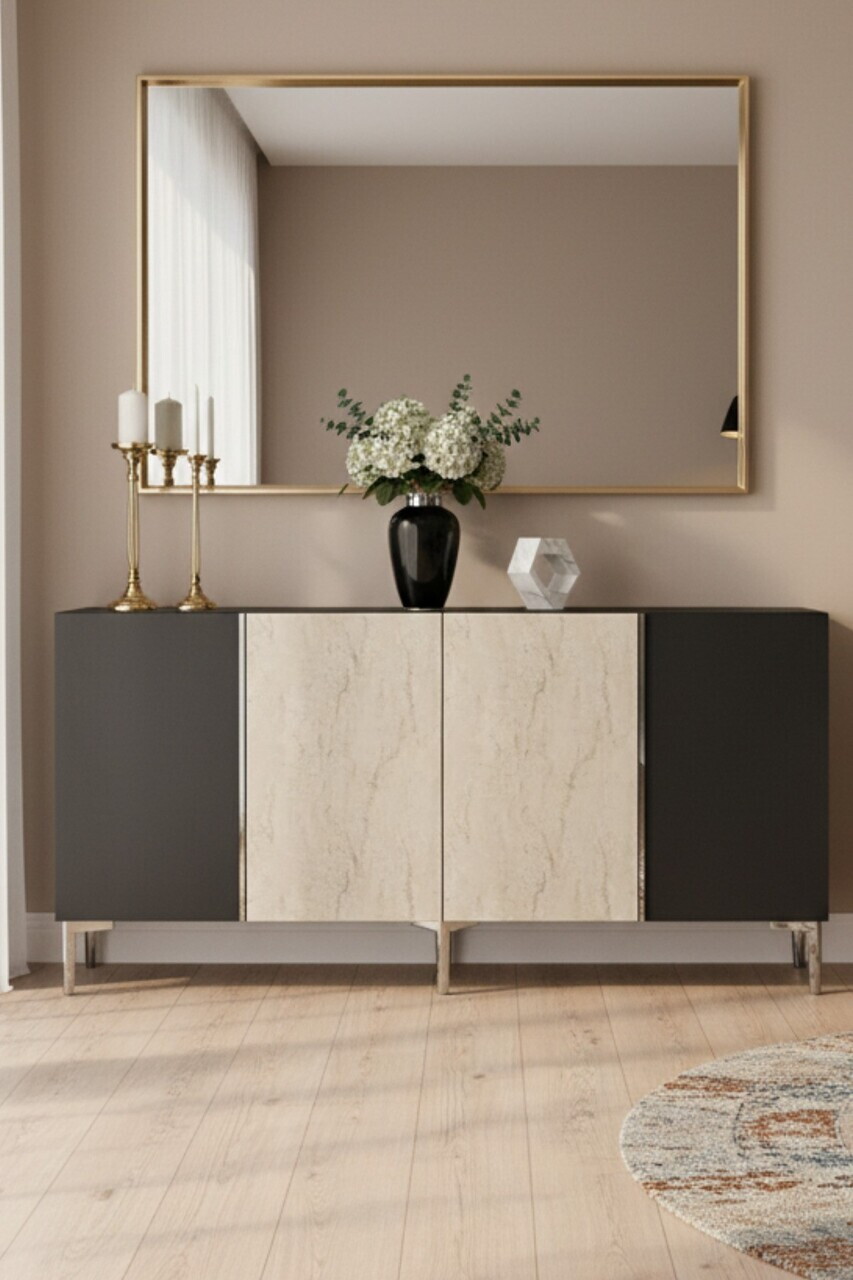Consola, Hanah Home, Poli 150, 150x75x32 cm, Antracit / Travertin / Argint — imaginea 2