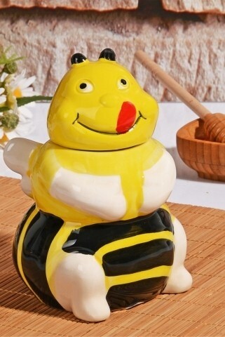 Recipient cu capac si lingura pentru miere, Bee, Black Yellow White, ceramica, 14 cm