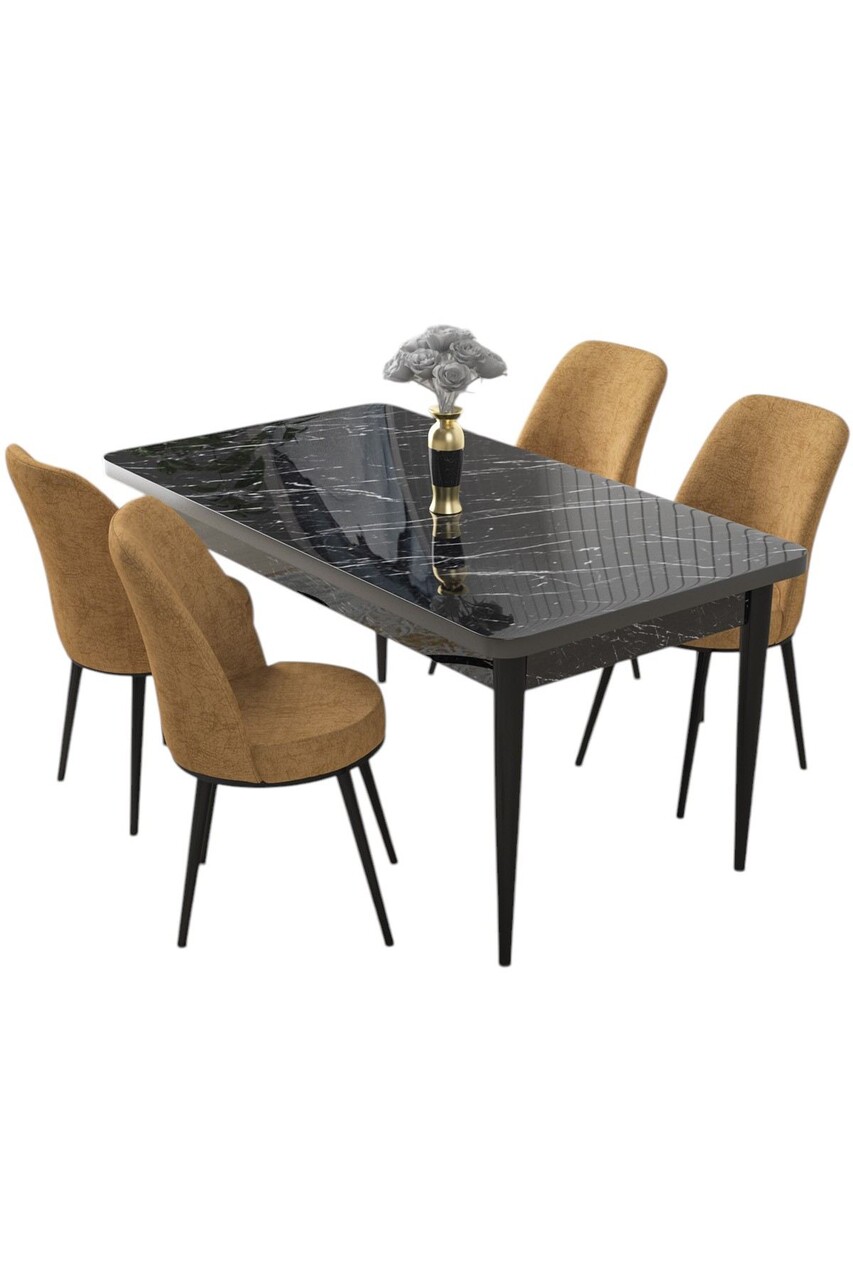 Set masă și scaune (5 bucăți), Hanah Home, Nil, Marmură neagră / Cappuccino - view 2