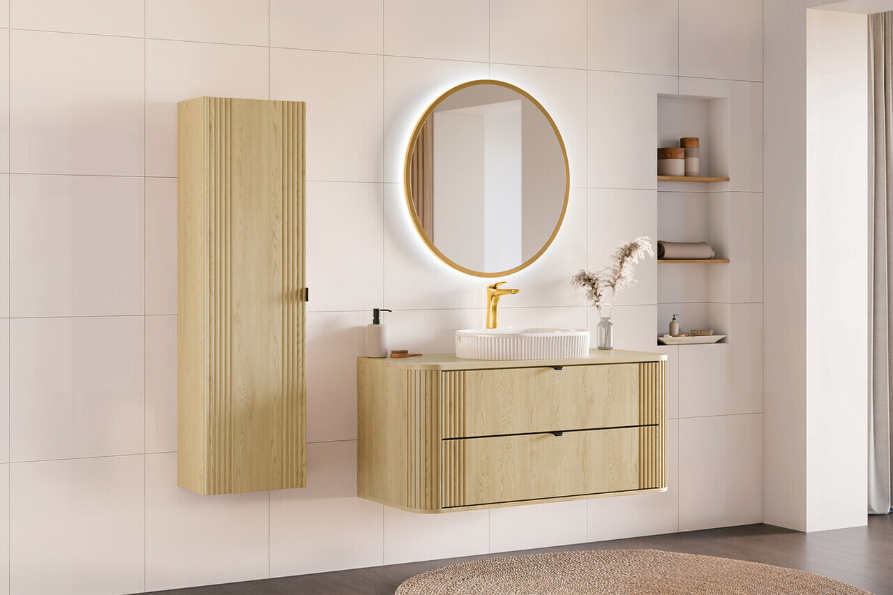 Set mobilier baie, Ovalia Cremona Beyond 120 cm, dulap inalt si masca cu lavoar, Comad, MDF/PAL, stejar - view 10