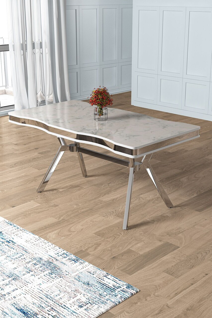Masa, Hanah Home, Pem, 160x76x90 cm, Model de marmură albă / Crom