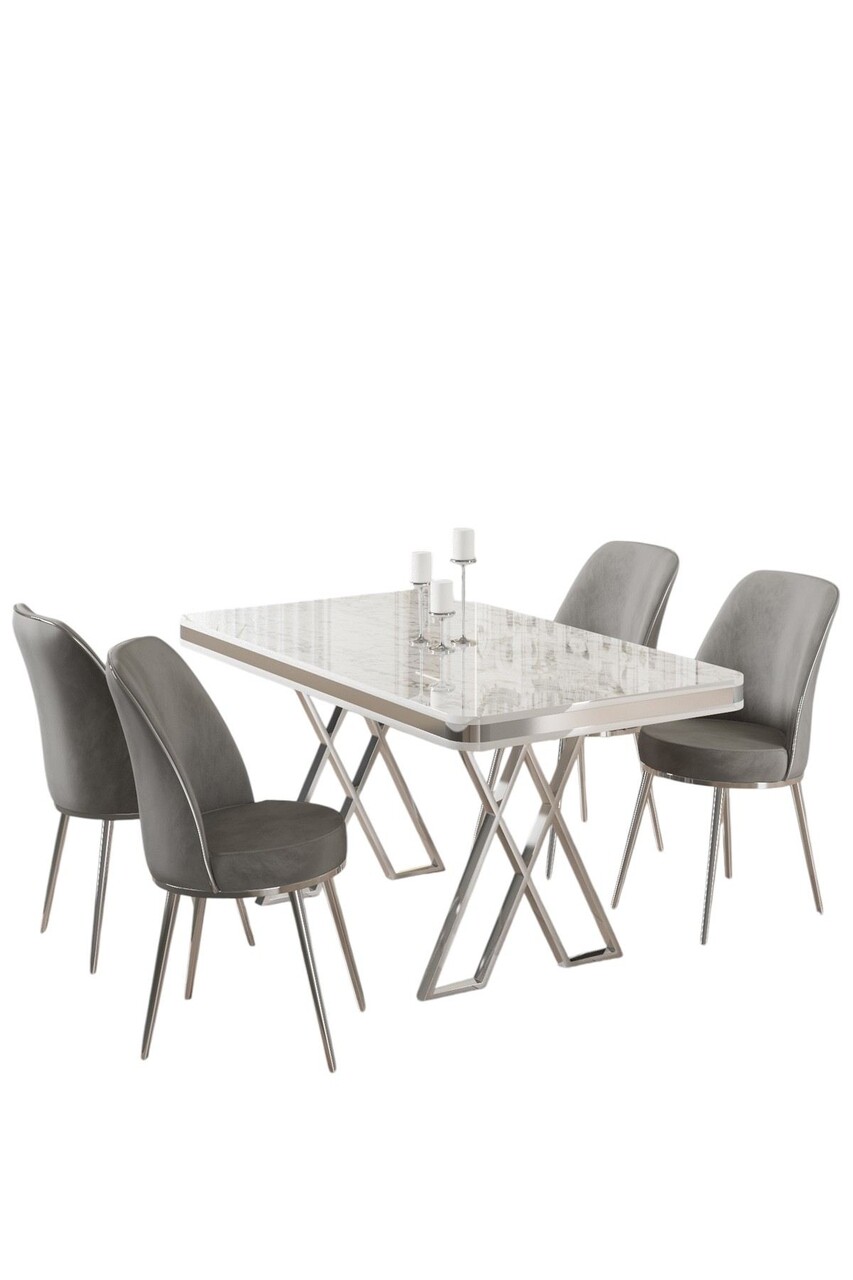 Set masă și scaune (5 bucăți), Hanah Home, Vals, Alb / Crom / Gri - imagine 2