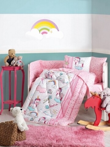 Set de pat pentru copii, 6 piese, 100% bumbac ranforce, cotton box, unicorn