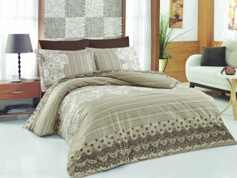 Lenjerie de pat pentru o persoana, 4 piese, 100% bumbac ranforce, Nazenin Home, Dante, bej