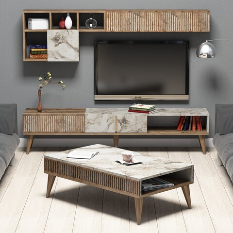 Mobilier Pentru Living Milan, Hommy Craft, 3 Piese, 180x35x40 Cm, Maro/alb