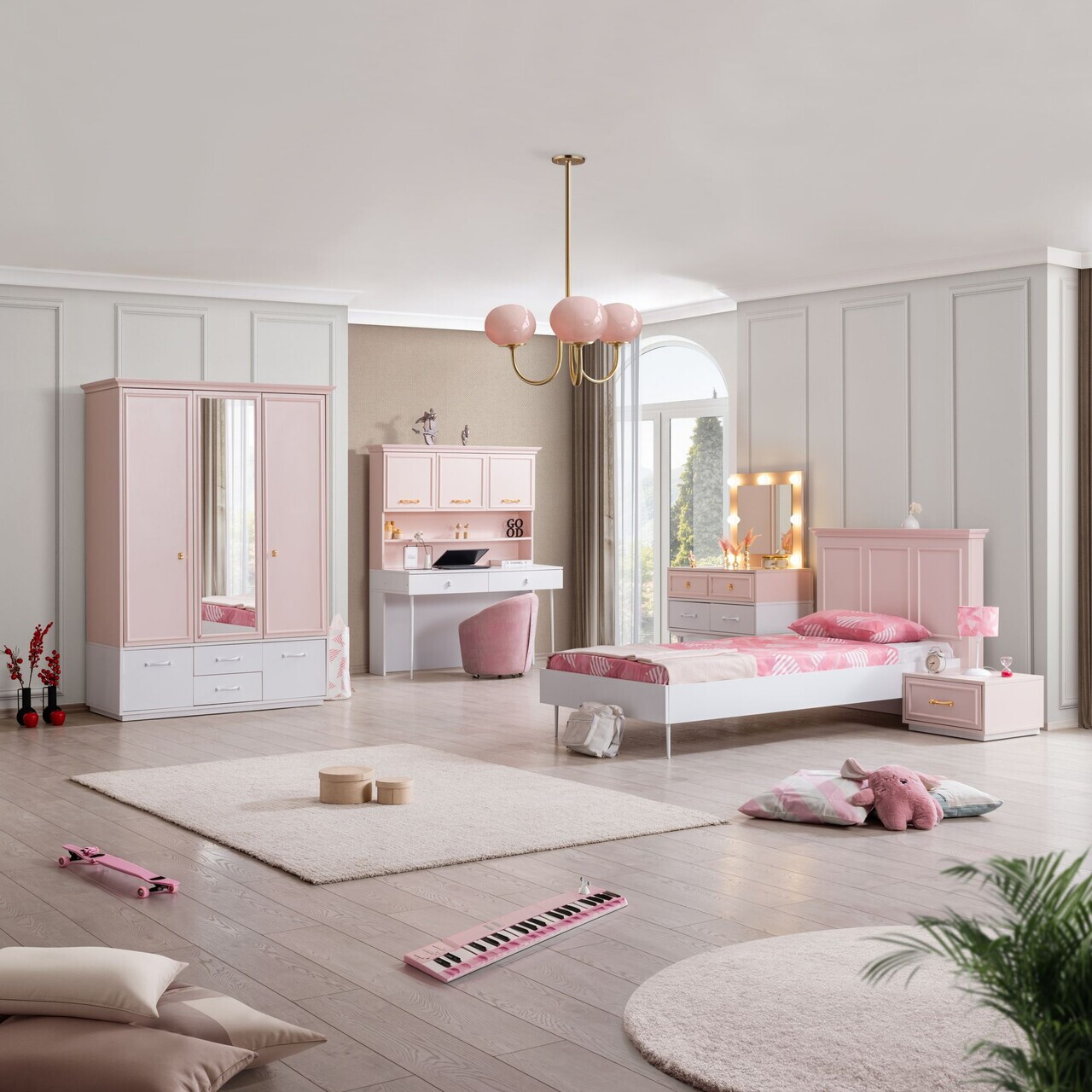 Pat de o persoană, Hanah Home, Rosa, 124x105x215 cm, PAL, Roz/Alb - view 2