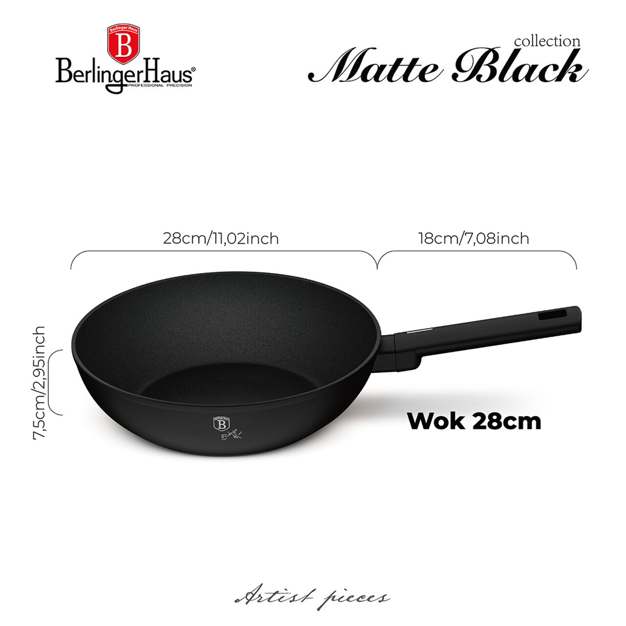 Tigaie Wok Berlinger Haus, Matte Black, 28 cm, 3.2 L, aluminiu forjat, negru - imagine 7