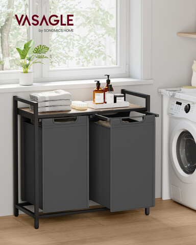 Cos de rufe cu doua compartimente, Vasagle, 73x33x72 cm, 2 x 46 L, MDF/tesatura Oxford, maro/gri