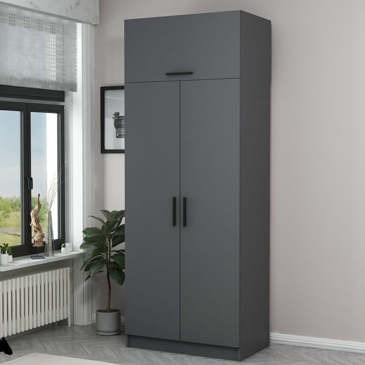 Dulap pentru haine, Minerva, Kale Anthracite, 90x255x52 cm, PAL, Antracit - 1 | YEO