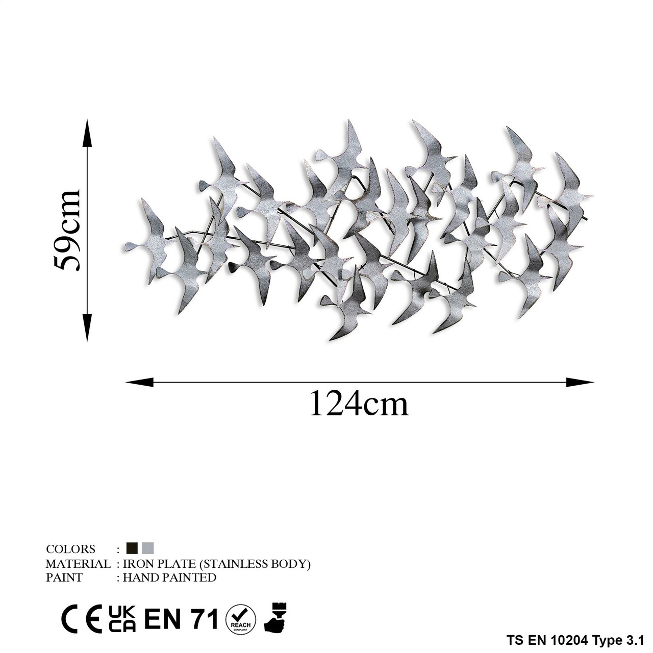 Decoratiune de perete, Martılar 3, Metal, Dimensiune: 124 x 59 cm, Multicolor
