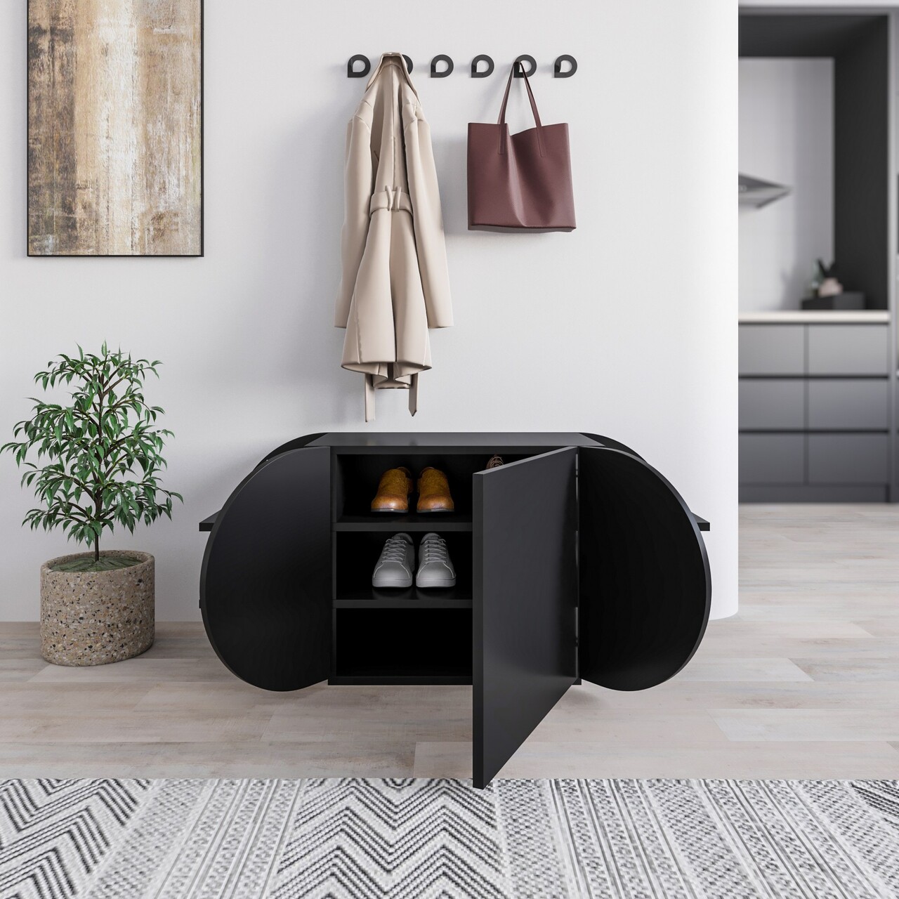 Pantofar, Decortie, Pozy Shoe Bench, 110x50x40.4 cm, PAL, Negru - 1 | YEO
