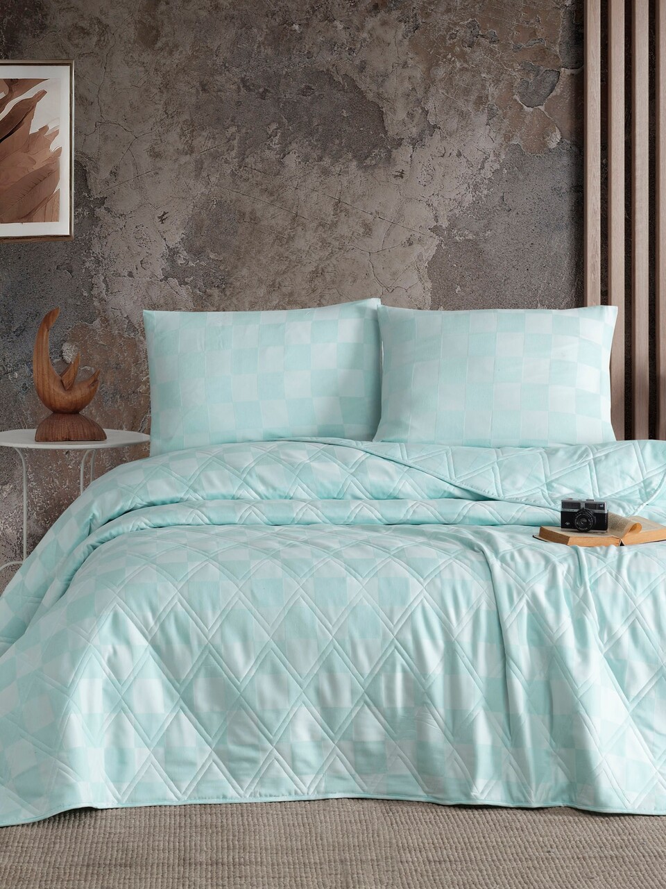 Cuvertura matlasata dubla L'essentiel Maison Kareli Saten Amestec bumbac Verde menta