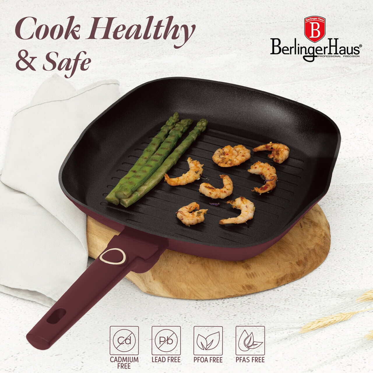 Tigaie grill Berlinger Haus, Leonardo, 28 cm, 2.1 L, aluminiu forjat, visiniu mat - imagine 11