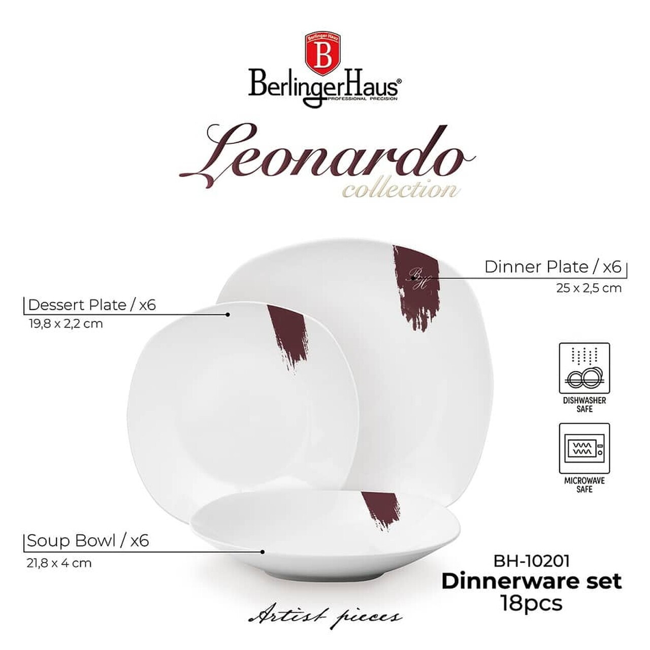 Serviciu de masa 18 piese Berlinger Haus, Leonardo, portelan, alb/visiniu - imagine 3