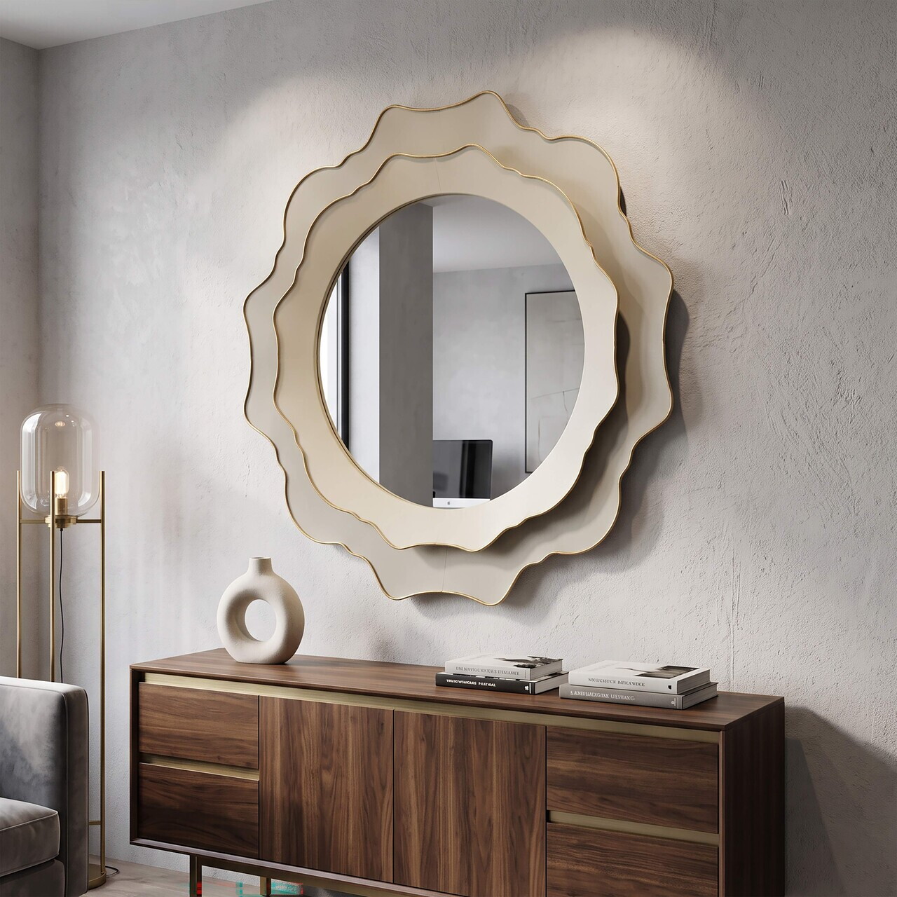 Oglinda de perete, Romantic Round, Mauro Ferretti, fier/MDF, 95x95 cm, crem/gri