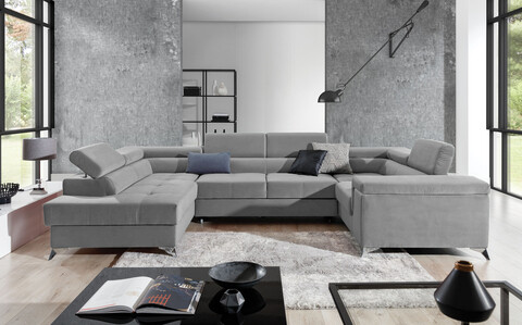 Coltar extensibil stanga 6 locuri ELTAP, Th-70, Thiago, 342x208x88 cm, lemn/poliester, gri deschis