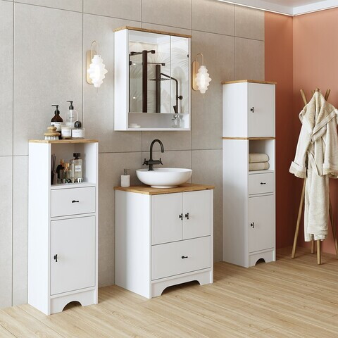 Set Dulap de Baie cu Chiuvetă și Oglindă (4 Piese), Hanah Home, 2410, MDF-LAM, Alb mat