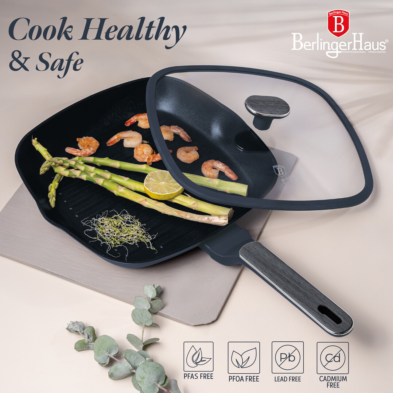 Tigaie grill cu capac Berlinger Haus, Deep Sea, 28 cm, 2.1 L, aluminiu forjat, albastru mat/gri - imagine 11