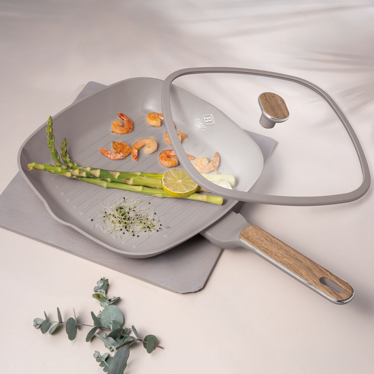 Tigaie grill cu capac Berlinger Haus, Taupe Nordic, 28 cm, 2.1 L, aluminiu forjat, taupe mat/natur - imagine 6