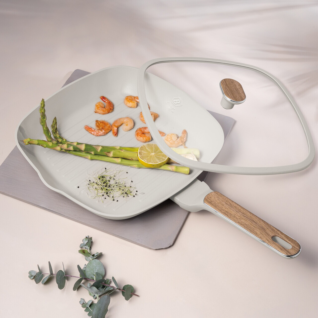 Tigaie grill cu capac Berlinger Haus, Sahara Nordic, 28 cm, 2.1 L, aluminiu forjat, crem mat/natur - imagine 2