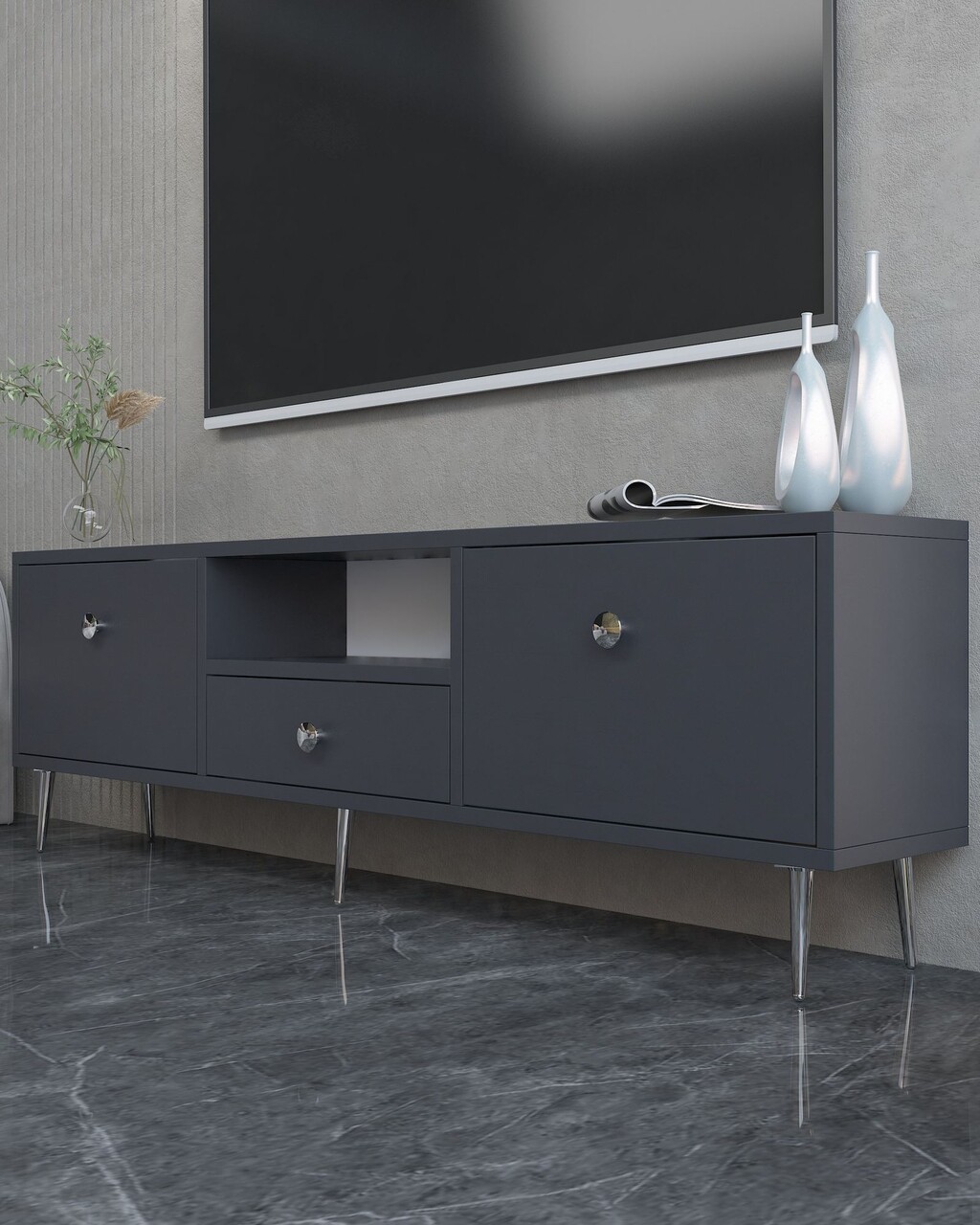 Comoda TV, Hanah Home, 1307-DROP-1, 140x45x30 cm, PAL , Antracit / Argintiu - view 2