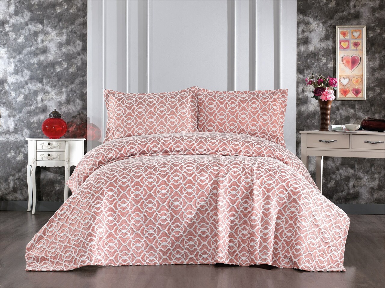 Set cuvertura de pat dubla 3 piese, Merlin - Dusty Rose, Whitney, Tesatura Chenille