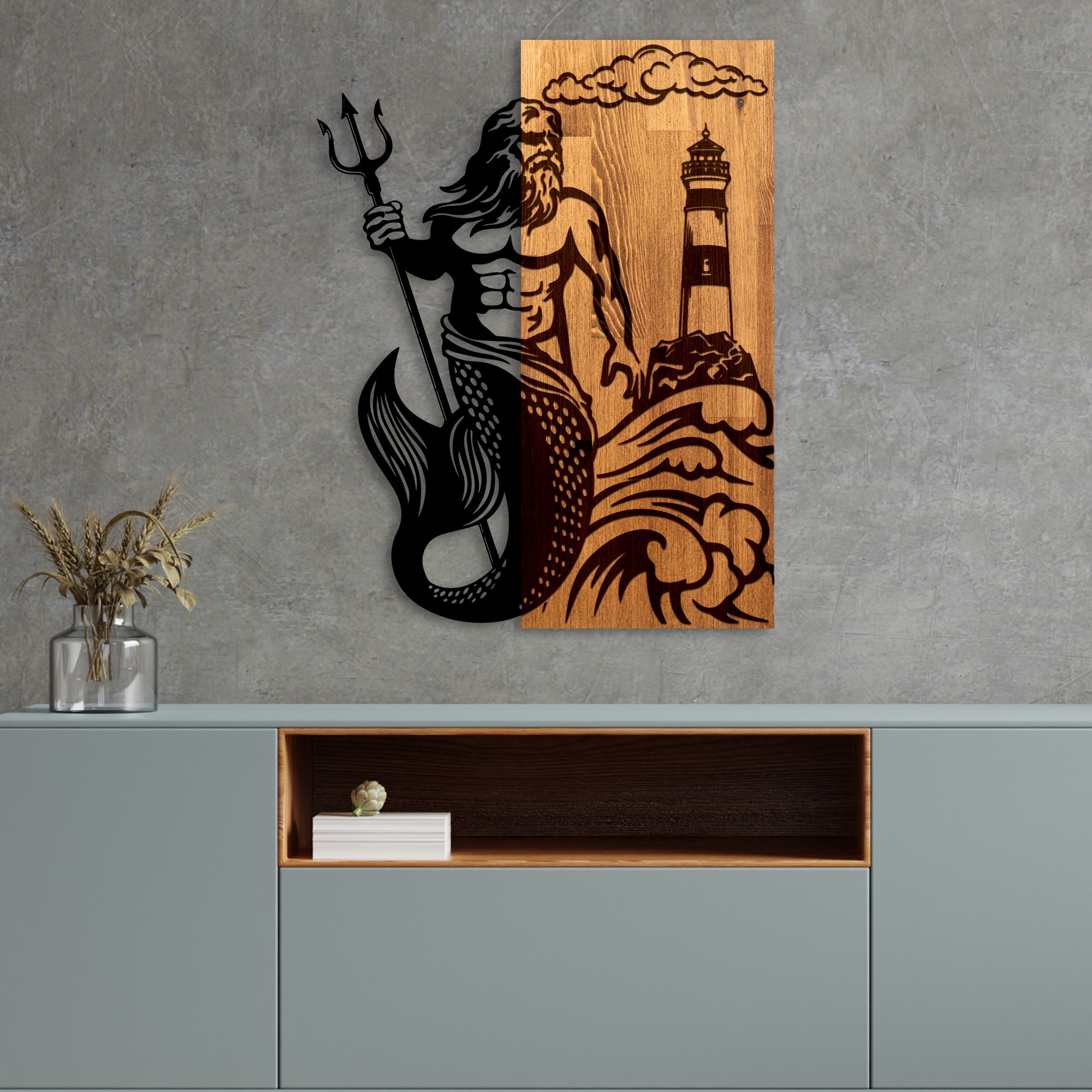 Decoratiune de perete, Poseidon, Lățime: 45 cm, Nuc / Negru