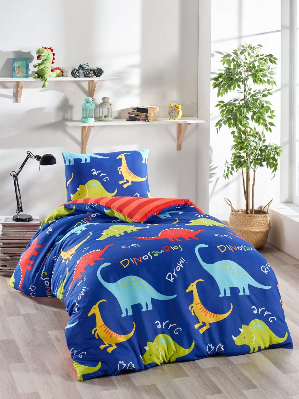 Lenjerie de pat pentru o persoana 2 piese, Dinazorus, EnLora Home, 65% bumbac/35% poliester