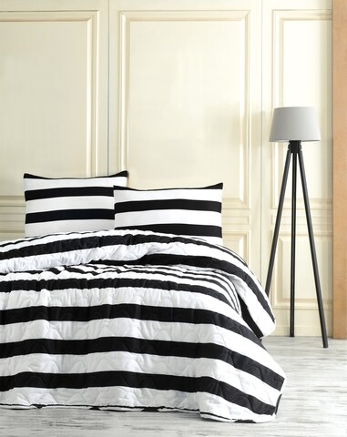 Set cuvertura de pat dubla, EnLora Home, Line, 3 piese, 65% bumbac, 35% poliester, alb/negru EnLora Home