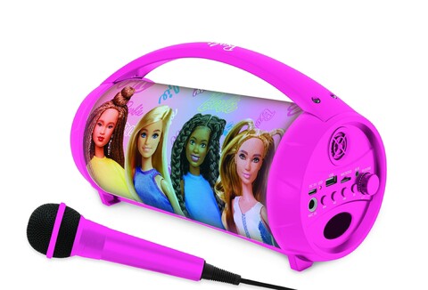 Boxa cu microfon si lumini pentru copii Barbie, LEXIBOOK, 27.6x11.7x15.5 cm, plastic/textil, roz