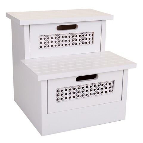 Scaun tip treapta, Emma, Creaciones Meng, 34x34x34 cm, 2 sertare, lemn de paulownia/trestie, alb