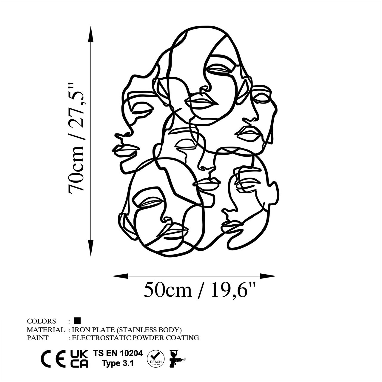 Decoratiune de perete, Faces v2, Dimensiune: 70 x 50 cm, Negru — imaginea 6