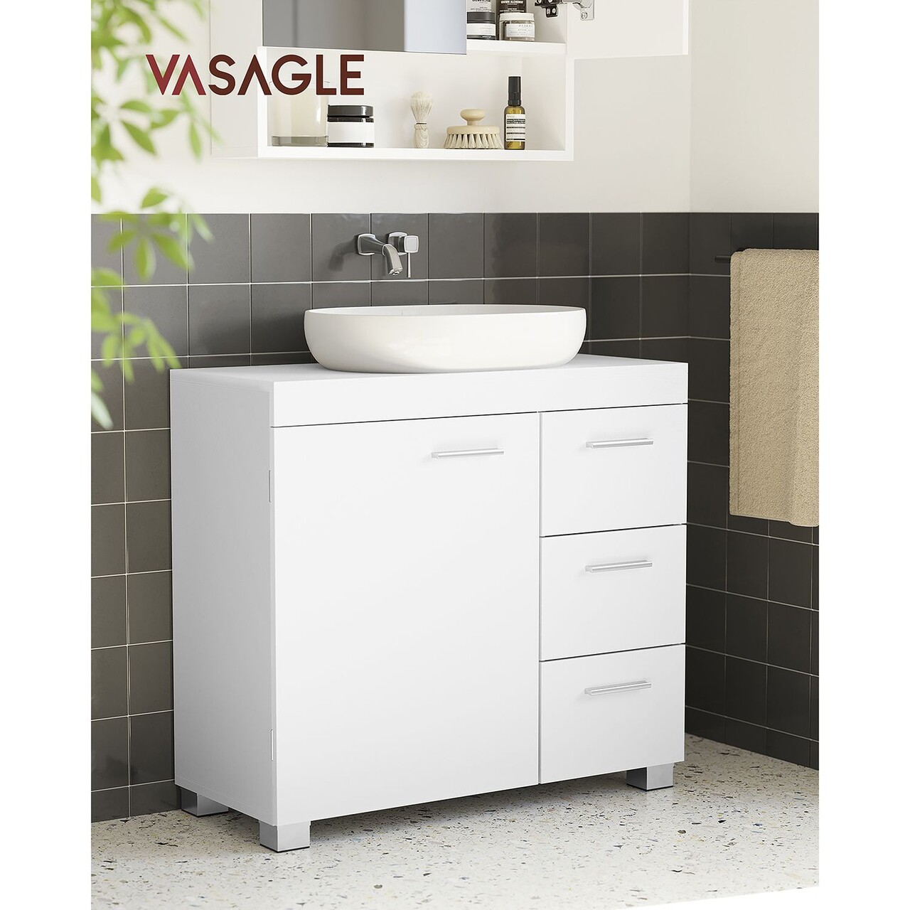 Dulap pentru baie / masca de lavoar cu 3 sertare, Vasagle, 70x30x64 cm, MDF, alb cloud