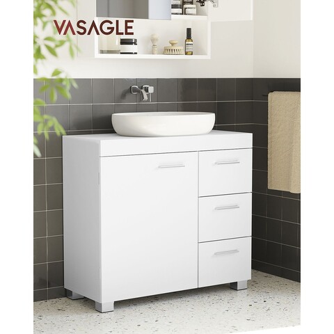 Dulap pentru baie / masca de lavoar cu 3 sertare, Vasagle, 70x30x64 cm, MDF, alb cloud