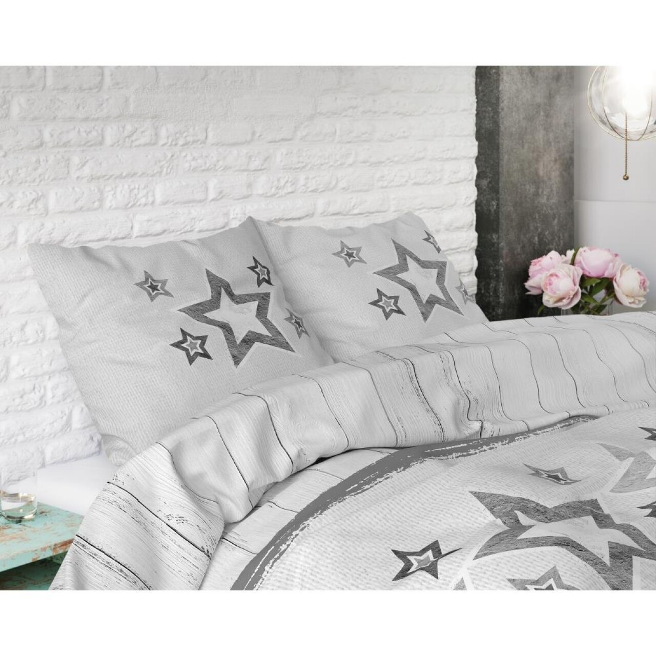 Lenjerie De Pat Dubla Stars And Stars Grey, Sleeptime, 3 Piese, Cotton Blended, Gri