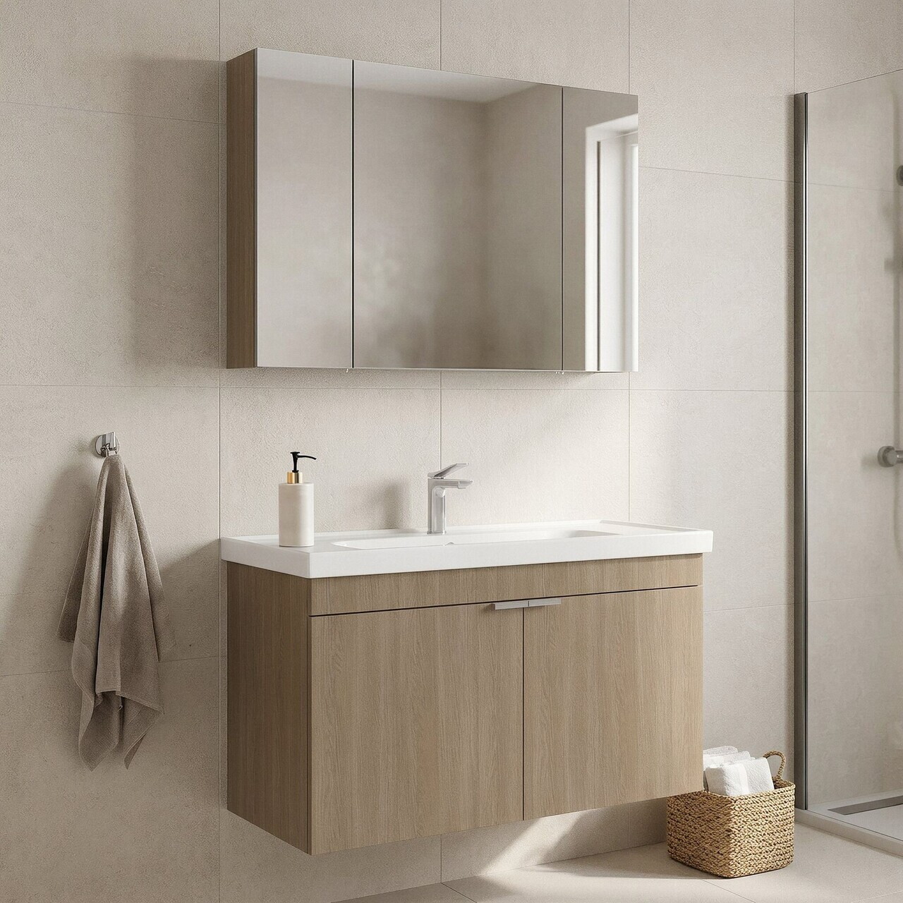 Set Dulap de Baie cu Chiuvetă și Oglindă (2 Piese), Hanah Home, Desna 100, Stejar — imaginea 2
