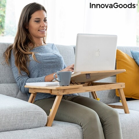 Masuta pliabila pentru laptop din bambus, Lapwood InnovaGoods, inaltime reglabila, 53.5×34 cm InnovaGoods