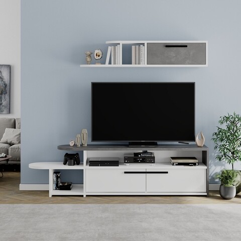 Comoda TV cu raft, Decortie, Lyra, 166.8 x 44.8 x 33 cm, pal melaminat, alb/gri 166.8