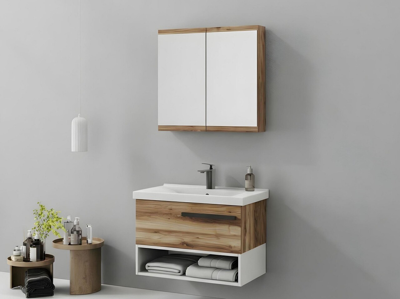 Set mobilier de baie (2 piese), Hanah Home, Blanc 80, Pin - view 3